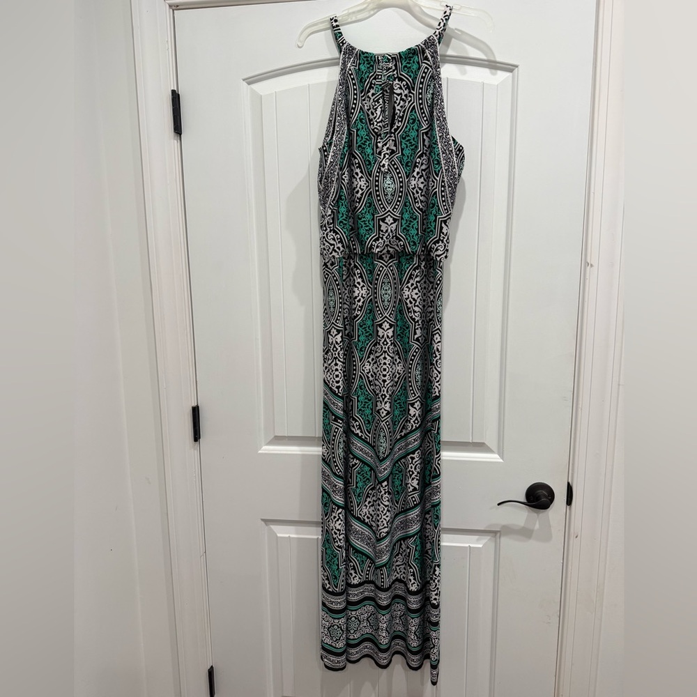 White House Black Market Teal, Black & White Patterned Maxi Dress